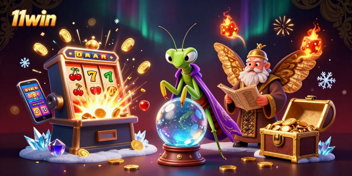 Engage with 11win’s vibrant 3D scene featuring fortune teller and slot machine excitement.