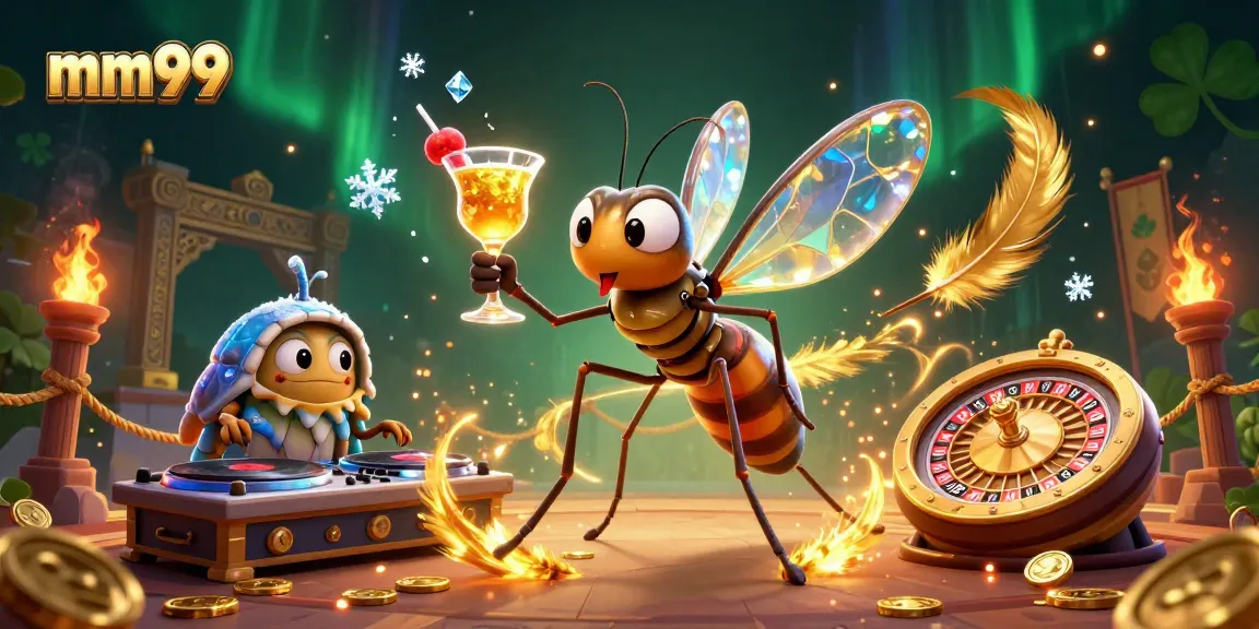 Experience mm99's vibrant casino action with cartoon characters amidst a dynamic gaming scene.