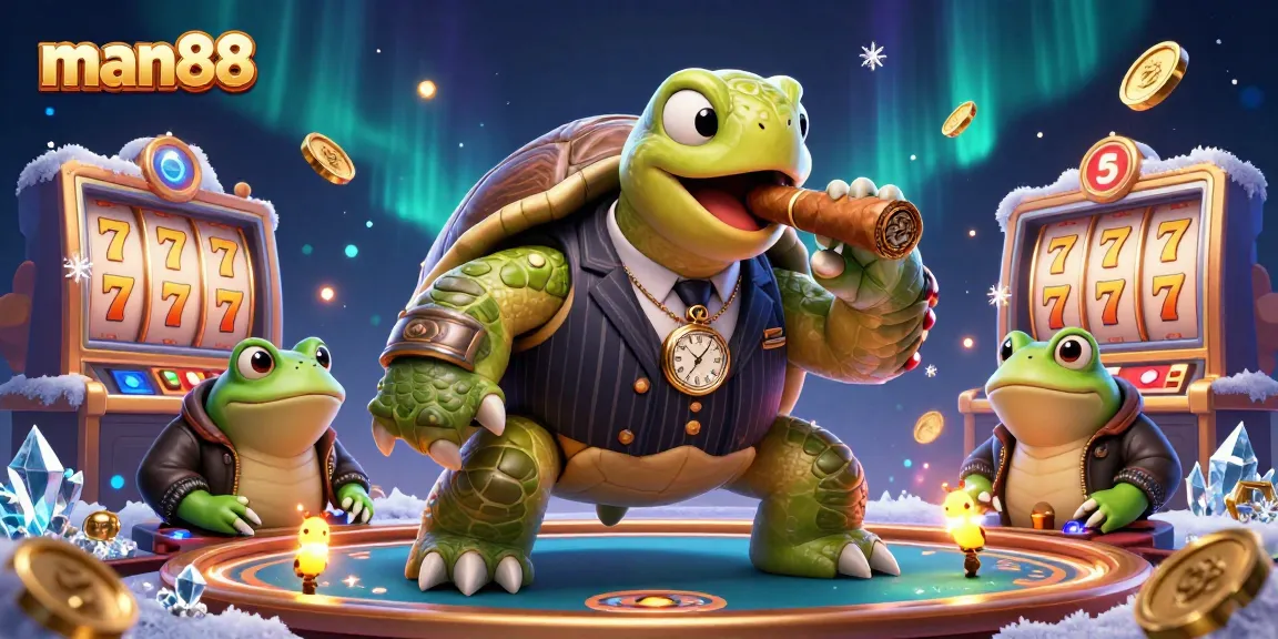 Experience high-stakes thrills with man88 in a vibrant 3D casino scene featuring a snapping turtle.