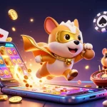 Spin to win at slot 5k with a superhero dog cartoon soaring high, coins flying!