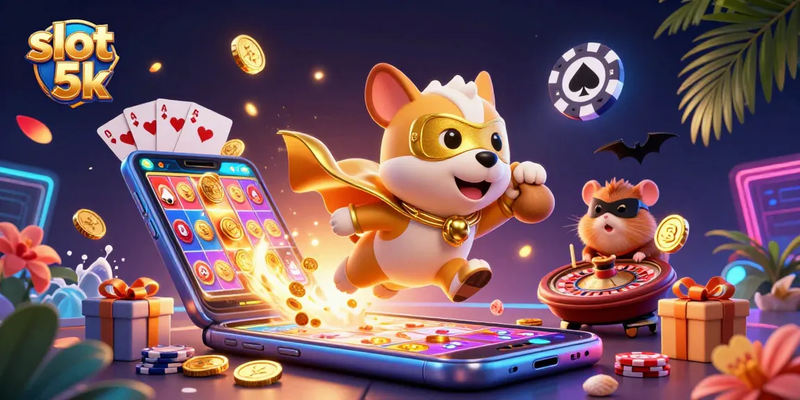 Spin to win at slot 5k with a superhero dog cartoon soaring high, coins flying!