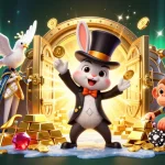 Experience okwin's magic with a dazzling scene of a rabbit pulling coins, a dove, and a monkey, embodying the thrill of online gaming.