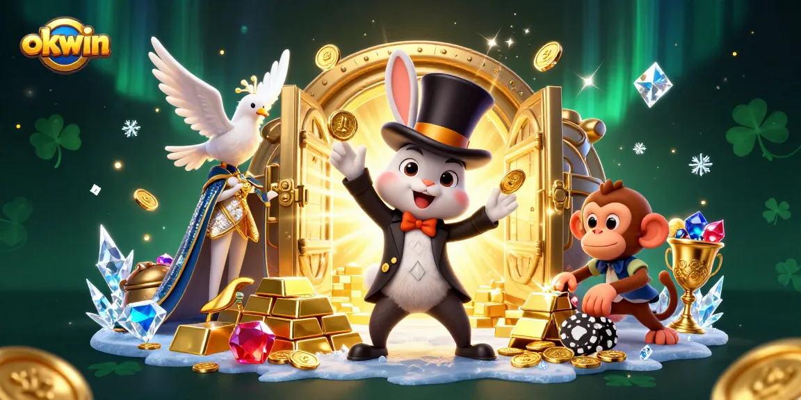 Experience okwin's magic with a dazzling scene of a rabbit pulling coins, a dove, and a monkey, embodying the thrill of online gaming.
