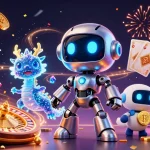 Engage with the thrilling world of 789P as a vibrant robot and dragon shine among cascading coins and poker chips.