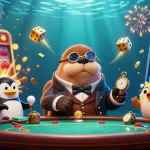 Experience the excitement of five88 with a jolly walrus at a poker table among thrilling casino elements.