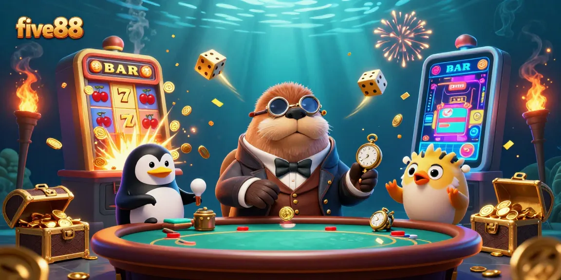 Experience the excitement of five88 with a jolly walrus at a poker table among thrilling casino elements.