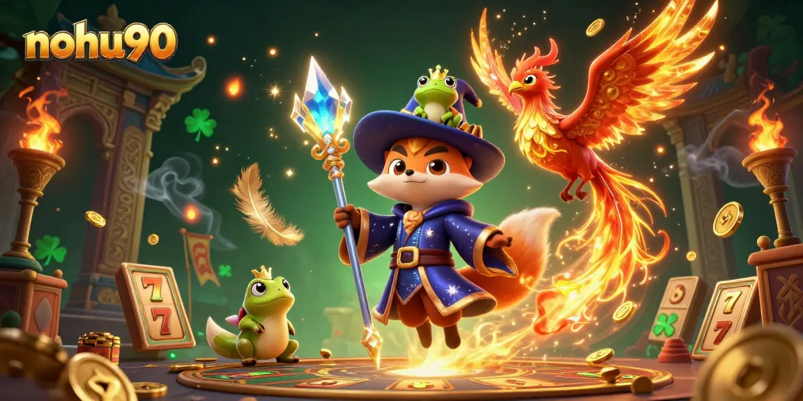 Nohu90 players engage in thrilling slot adventures with the wizard fox, phoenix, and enchanted frog.