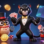 11win showcases a stylish panther dealing cards amidst cryptocurrency excitement.