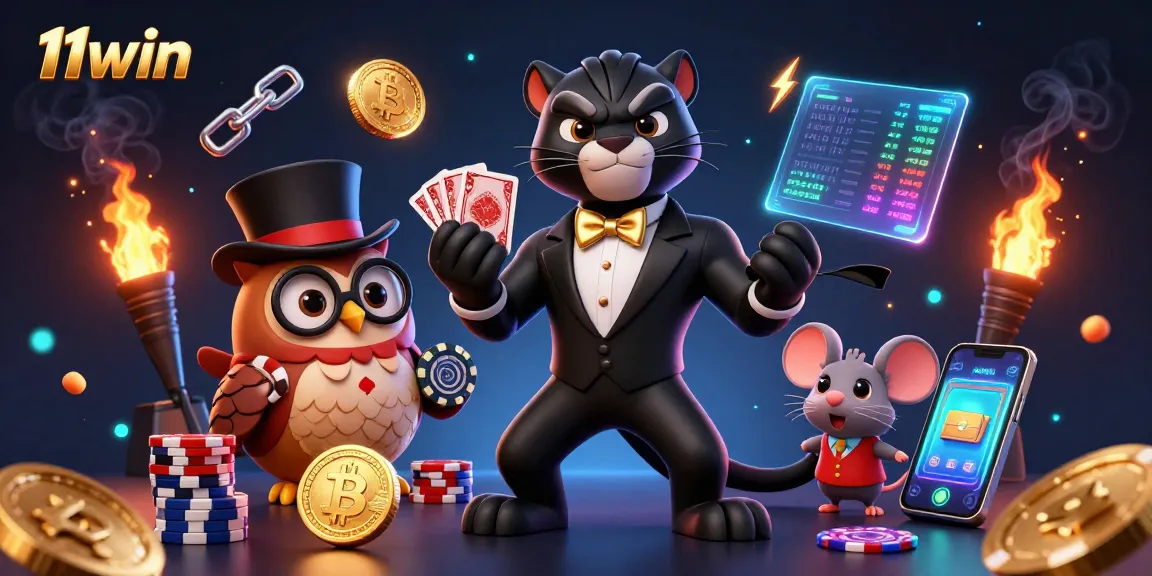 11win showcases a stylish panther dealing cards amidst cryptocurrency excitement.