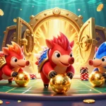 M98 pangolins rivaling in a vibrant, dynamic casino scene full of gold and jewels.
