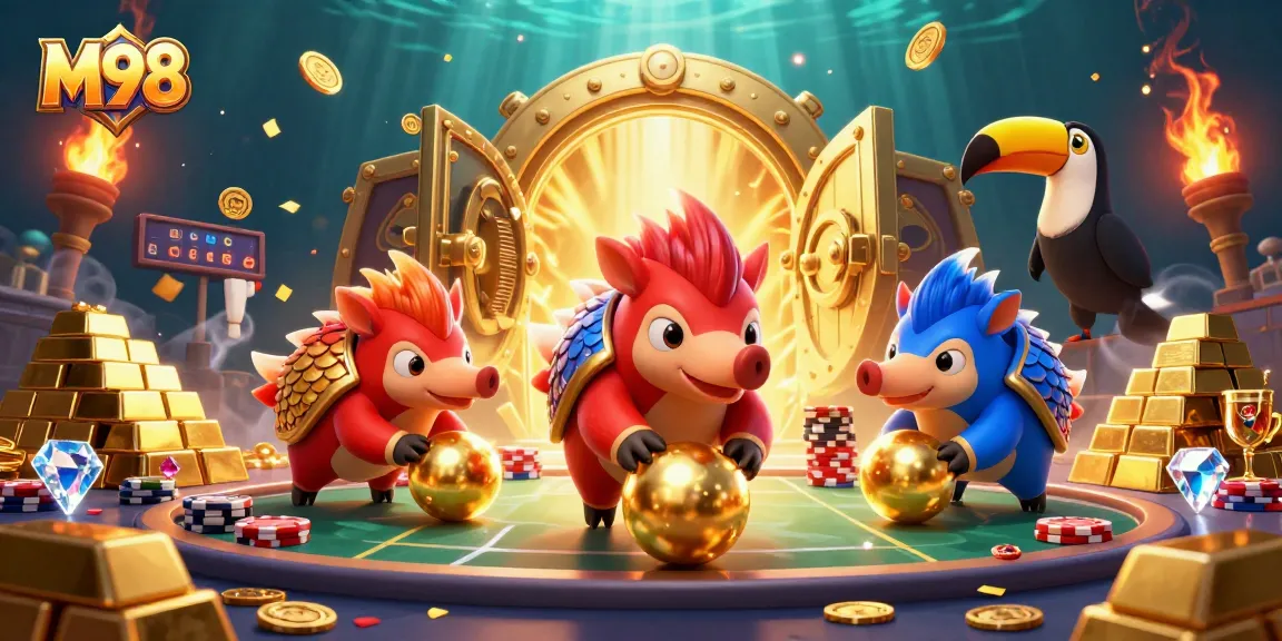 M98 pangolins rivaling in a vibrant, dynamic casino scene full of gold and jewels.