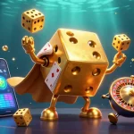 Engage with 11win's vibrant casino scene featuring golden dice, crypto coins, and slot elements.