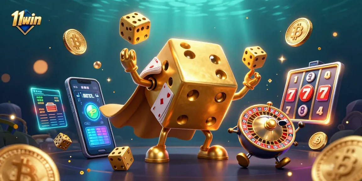 Engage with 11win's vibrant casino scene featuring golden dice, crypto coins, and slot elements.
